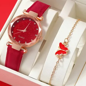 Orologio Al Quarzo Da Donna Cielo Stellato E Set Di Bracciali Cassa In Lega Cinturino In Pelle Opaca Strass Gioielli Regalo Per Donna