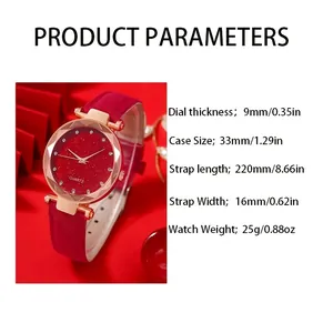 Elegante orologio al quarzo da donna con quadrante rosso stellato e cassa in oro rosa