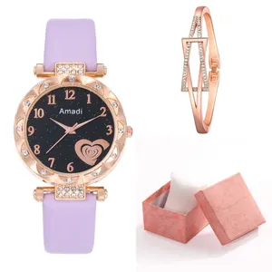 Women Fashion Quartz Watch Rhinestone Geometric Heart Bracelet Accessory Collection Starry Sky Dial PU Leather Strap Elegant Ladies Jewelry
