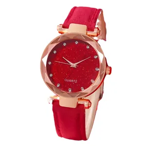 Orologio al quarzo da donna con quadrante rosso stellato e cinturino in pelle rossa