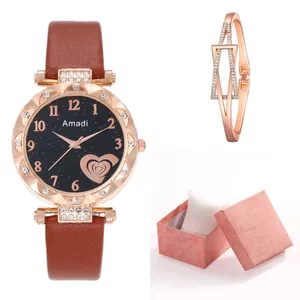 Women's watch set with brown leather strap, rose gold heart watch face and matching bangle