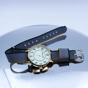 Detailed close-up of a NATO nylon strap watch with gold alloy case and beige dial