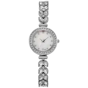 Elegant silver quartz watch for women with crystal bezel and leaf-shaped bracelet strap