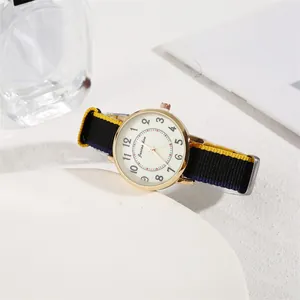 Detailed view of the gold watch case and colorful striped nylon strap on a white surface