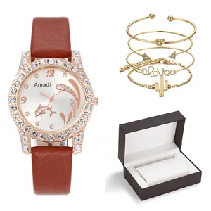 Damen Quarzuhr-Geschenkset mit braunem Lederarmband und Kaktus-Anhängern in einer Box