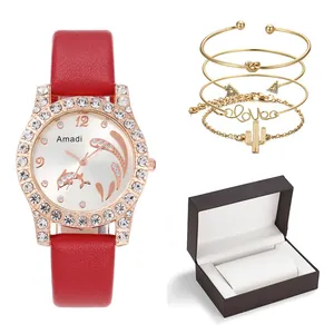 Damen-Quarzuhr mit rotem Lederarmband und vier Goldarmbändern in einer Geschenkbox