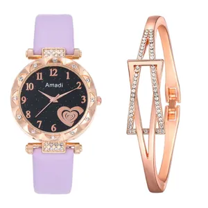 Close-up of lavender leather watch set with rose gold heart dial and crystal bracelet