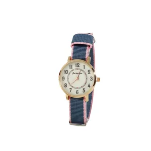 Minimalist women's watch with gold round case and pink-blue striped nylon NATO strap