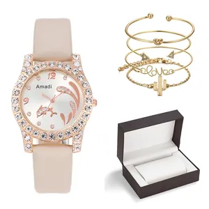 5-teiliges Damen-Schmuckset in Gold mit Delphin-Zifferblatt-Uhr und Kaktus-Armbandanhängern