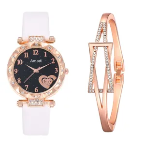 Detail of Amadi rose gold watch with star black dial and matching stone bracelet set