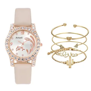 Detailansicht des Damenuhr-Sets in Roségold mit Delphin-Zifferblatt und Kaktus-Armbändern