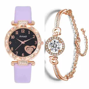 Détail de la montre Amadi avec cadran étoilé, motif cœur et ensemble bracelet en cristal