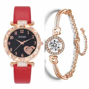 Montre femme or rose cadran étoilé avec bracelet cuir rouge et bracelet en cristal