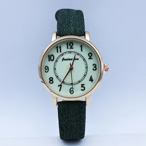 Macro detail of quartz watch with rose gold case and dark green fabric strap