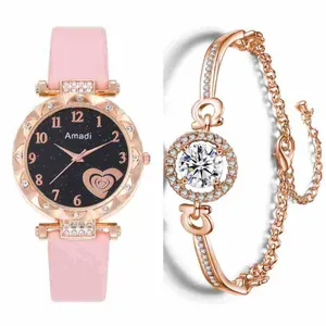 Montre en cuir rose avec cadran étoilé et bracelet en strass couleur or rose