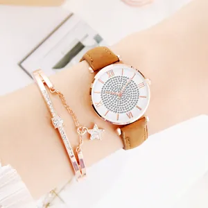 Dames Mode Luxe Strass Quartz Horloge En Ster Armband Set Met PU Leren Band Rose Goud Legering Romeinse Wijzerplaat