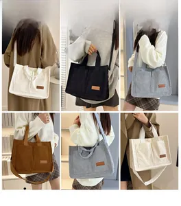 Collage showing corduroy tote bag in multiple colors styled on a model for daily use
