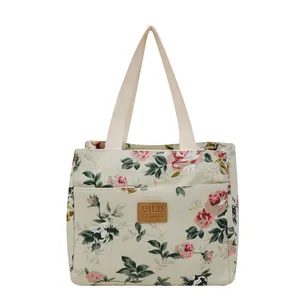 Bolsa térmica de lona con estampado floral y forro aislante para el almuerzo