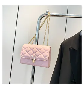 Detail of light pink quilted leather texture with gold chain strap and stylish metal lock
