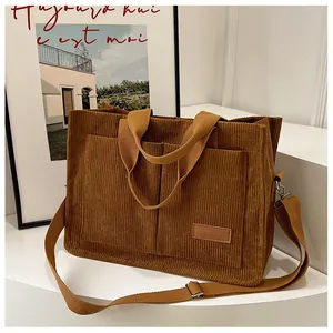 Detail of caramel corduroy tote bag showing front pockets and adjustable strap