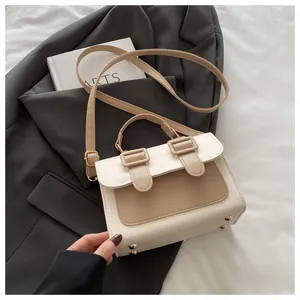 Detailed view of bicolor crossbody bag with gold hardware and stylish leather straps