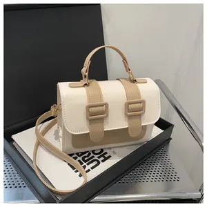 Detailed view of bicolor box bag featuring khaki decorative straps and gold hardware