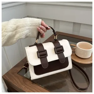 Detail of vintage two-tone mini crossbody bag with buckle straps on a wooden table