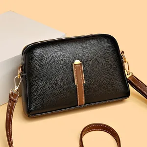 Women Litchi Texture PU Leather Crossbody Bag Contrast Color Shoulder Bag With Double Zipper Small Square Bag Gold Hardware