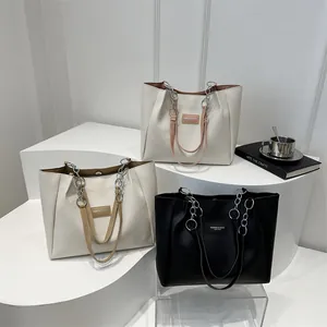 Women Fashion PU Leather Tote Bag Large Capacity Solid Color Shoulder Bag Metal Chain Strap Daily Commuting Handbag