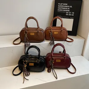 Damen Vintage PU Leder Boston Tasche Hohe Qualität Textur Einfarbig Handtasche Schulter Umhängetasche Mode Bowling Handtasche