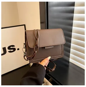 Detail of brown matte leather square bag with acrylic chain strap and flap design