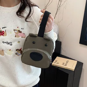 Mini bolso de lona caqui con forma de oso, orejas 3D y asa superior para mujer