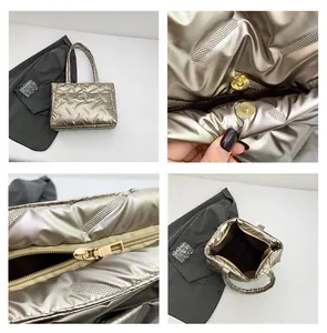 Detail view of champagne gold quilted tote bag with zip closure and magnetic buckle