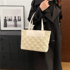 Large cream quilted nylon tote bag with fashion lettering and diamond pattern for women