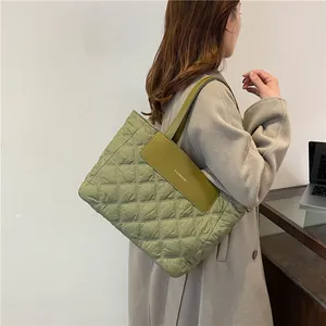 Quilted green nylon tote bag for women with large capacity for daily school or commuting