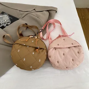 Trendy Round Quilted Nylon Crossbody Bag With Bow Embroidery Double Zipper Shoulder Bag Fashion Small Backpack For Women