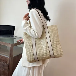 Schicke beige gewebte Stroh-Tote-Bag für Damen mit großer Kapazität und Canvas-Schultergurt