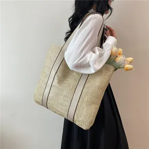 Große Strohtasche mit Canvas-Gurten, modische Boho-Sommer-Strand- und Reisetasche