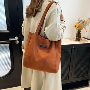 Grand sac cabas en velours côtelé caramel pour femme, sac à épaule style décontracté