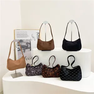 Trendy Fluweel Suède Onderarmtas Voor Dames Zomer Casual Baguette Schoudertas Luipaard Ruit Patroon Kleine Vierkante Tas