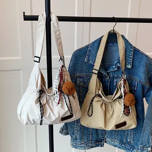Sac à Épaule Femme Grande Capacité Cordon de Serrage Plissé Léger Nylon Oxford Sac Bandoulière Décontracté Style Japonais Tote de Voyage