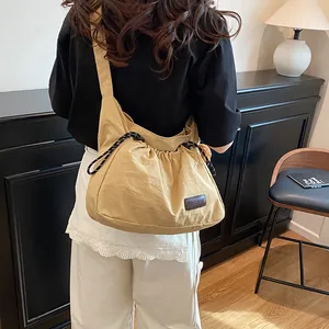 Sac bandoulière japonais kaki pour femme avec cordon de serrage et large sangle réglable