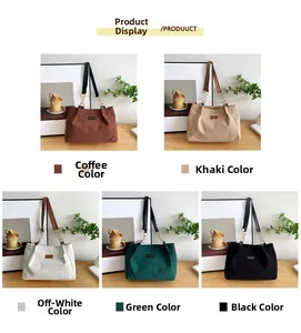 Corduroy tote bags in five colors showing premium fabric texture and chain handles