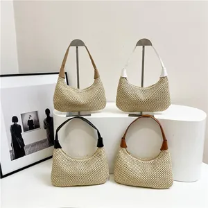 Mode Damen Stroh Weben Achseltasche Halbmond Hobo Tote Umhängetasche Mit Reißverschluss Casual Sommer Strand Reise Handtasche