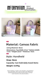 Detail view of purple canvas tote bag with cute bear and snap button closure