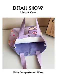 Close-up of cute purple canvas tote bag interior with metal snap button closure