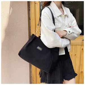 Detail of black corduroy tote bag with gold chain strap worn by a model in street style