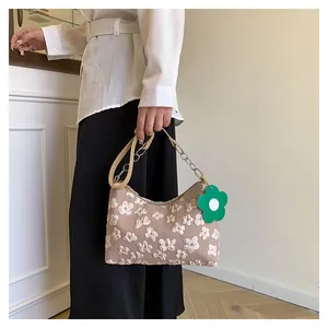 Detail of floral embroidery on light brown canvas hobo bag with green flower charm