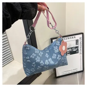 Detail of blue floral embossed canvas bag with pink strap and flower zipper charm