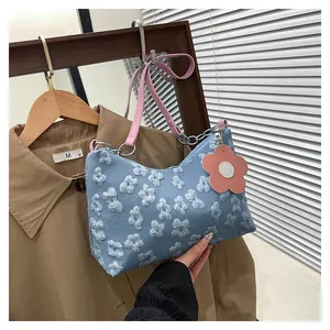 Detail of blue floral canvas shoulder bag with 3D flower texture and pink charm